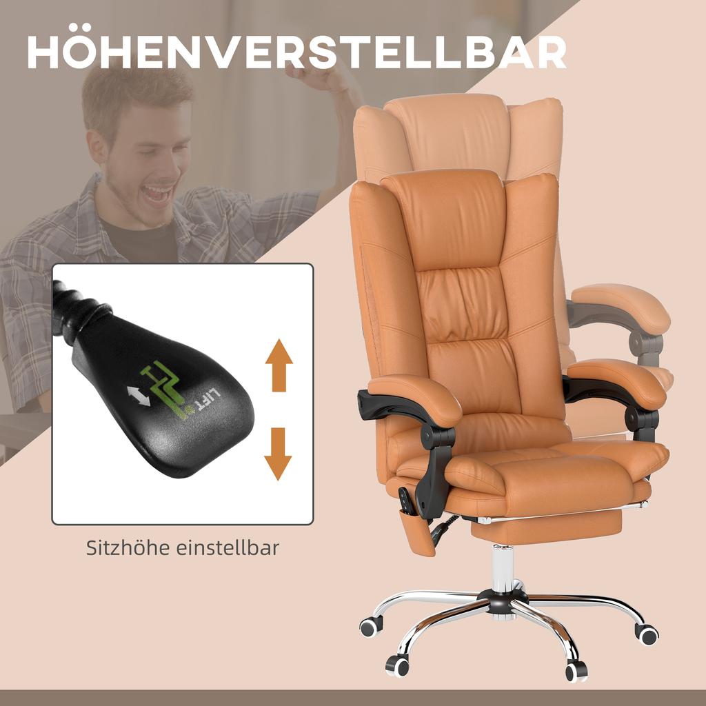 High Back Vibration Massage Office Chair, Heated Reclining PU Leather Computer Chair with 135 degrees Reclining Back and Footrest, Light Brown