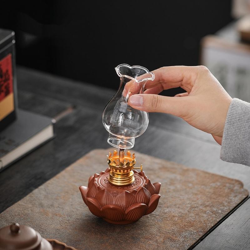 Lotuses Oil Lamp Ceramic Decors with Clear Windproof Glass Shade, Buddhist Kerosene Lamp for Tea Room Tabletop and Emergency Lighting Use
