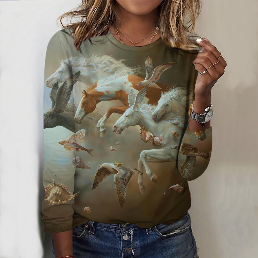 Tops For Women Zebra&Oil Painting Horse Print Round Neck Long Sleeve T-shirt Fall Casual Slim Pullover Women's Long Sleeve Top