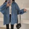 Women's Blue Corduroy Shirt Jacket - Korean Style, Loose Fit, Long Sleeve for Spring & Autumn 2025