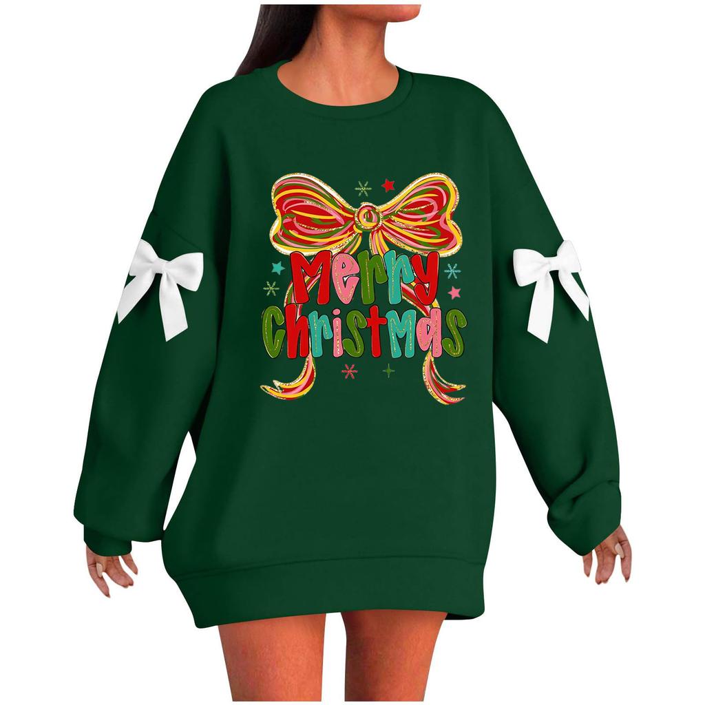 Ladies' Christmas Printed Bow Round Neck Long Sleeved Loose Pullover Sweater Sweatshirt Top