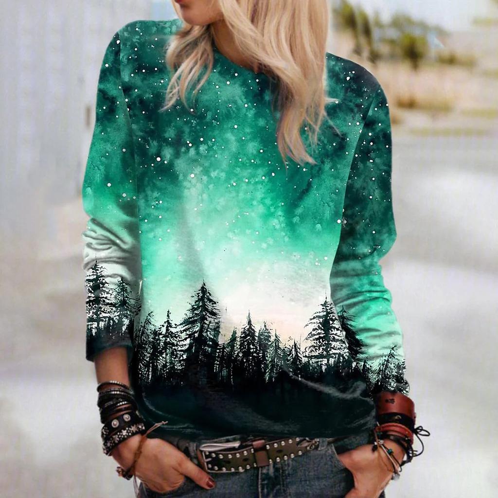 Women Autumn Tops Loose Cat Beautiful Forest Print Causal Long Sleeve T-shirt Top Blouse