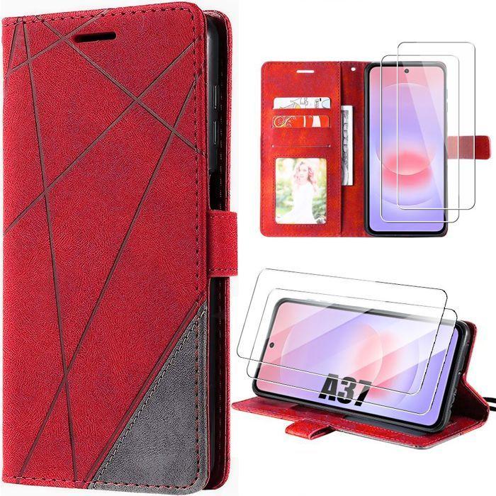 Coque Synthécuir - BOOLING - pour Samsung Galaxy A37 5G - Protection Gris Rouge - 2 Verres Trempés