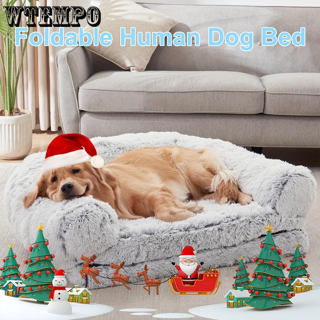 Складная плюшевая ортопедическая кровать для собак размером 180X115X25 см - моющиеся кровати для собак больших пород и людей - серый