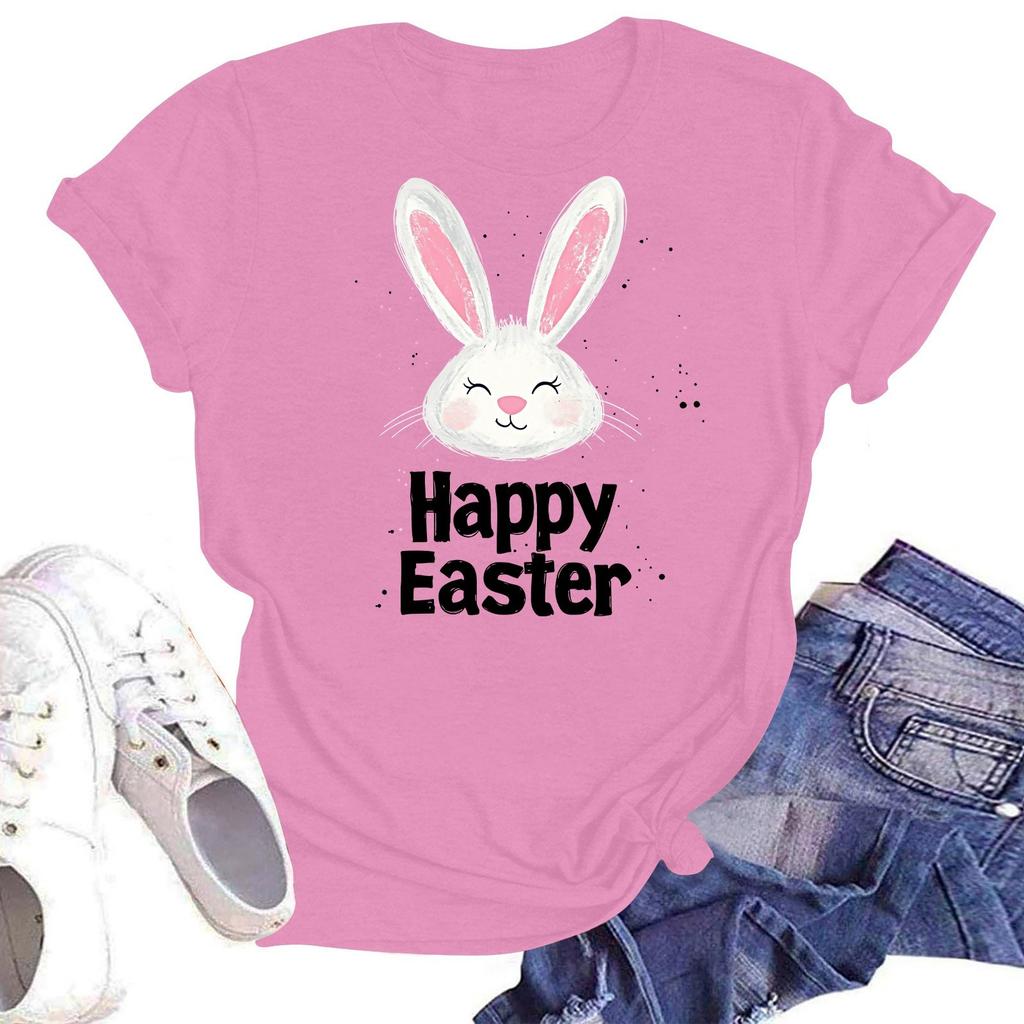 Happy Easter Women's Fashion Printed Round Neck Short Sleeve T-Shirt Pullover Top