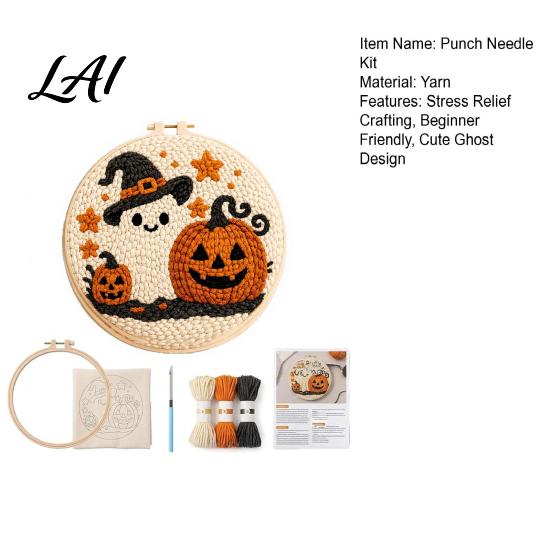 Punch Needle Supplies for Adults Halloween Kit Pumpkin Ghost Craft Kit with Handmade Home Decor Embroidery Hoop Easy Art Project Beginners