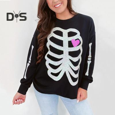 Женская толстовка с рисунком скелета, круглым вырезом, декором из пайеток, длинными рукавами, свободными эластичными манжетами, спортивная повседневная одежда, осенне-весенний топ