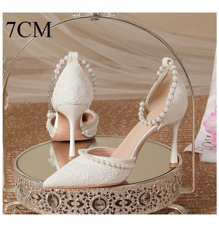 Женские летние туфли на высоком каблуке с тонким каблуком и заостренным носком Прямой крой Кружевной верх Белый жемчуг Свадебная обувь Женская