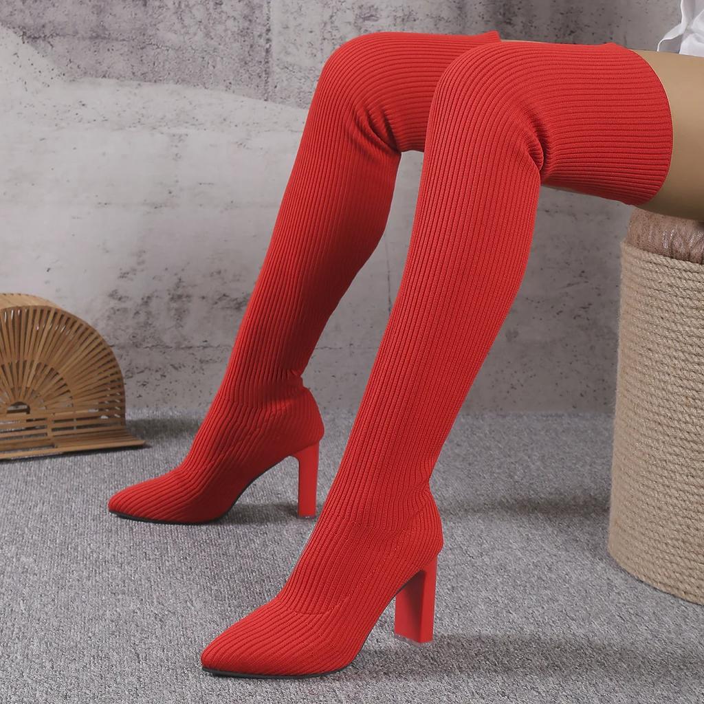 Празднуйте Женские Вязаные Сапоги-Носки Осень Зима Сексуальные Сапоги Выше Колена Острый Носок Толстый Высокий Каблук Длинные Боты Размер 36-43