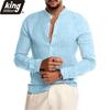 Cotton Linen Men's Long-Sleeved Shirts Summer Solid Color Stand-Up Collar Casual Beach Style Plus Size