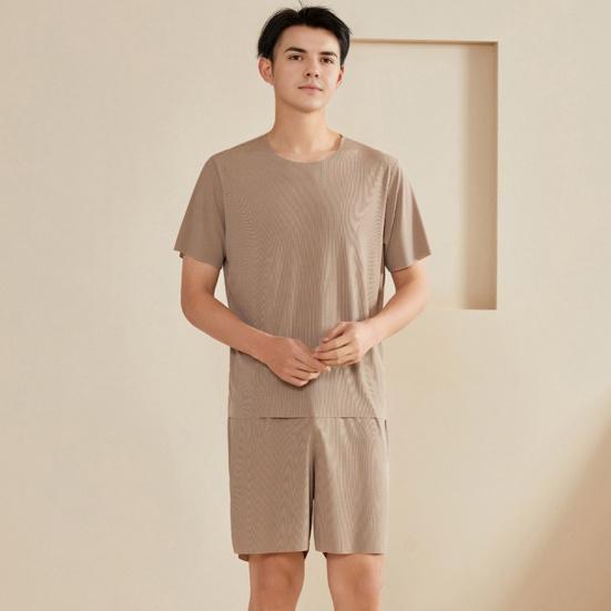 Комплект из 2 предметов: мужская пижама, футболка с коротким рукавом и круглым вырезом, эластичный пояс, шорты, комплект, однотонная домашняя одежда, костюм