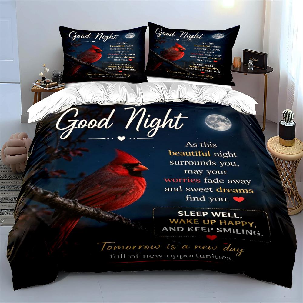 "Good Night Red Cardinal Bedding Set" Bedding set (1 duvet cover, 2 pillowcases, duvet not included)