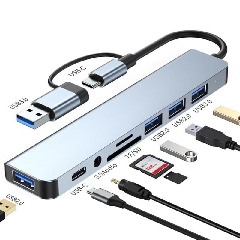 8-IN-2 USB C+USB3.0 Hub 8 Port USB Splitter Extended 3xUSB2.0+1xUSB3.0+1xType C Card Reader Adapter for PC Keyboards