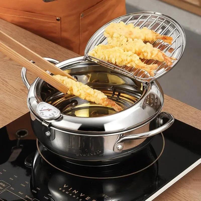 Бытовой термометр с крышкой для жарки во фритюре, маленькая сковорода для жарки картофеля фри, экономящая масло, 1 шт., масляная сковорода из нержавеющей стали