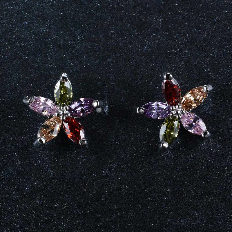 Zircon 5 Star Colors Fivepointed Floral Stud Earrings Silver Color Jewelery
