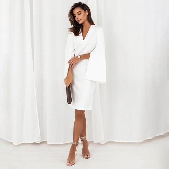 Fall Summer Women Dress Long Slit Horn Sleeves V Neck Slim Fit Solid Color Business Formal Party OL Commute Midi Dress