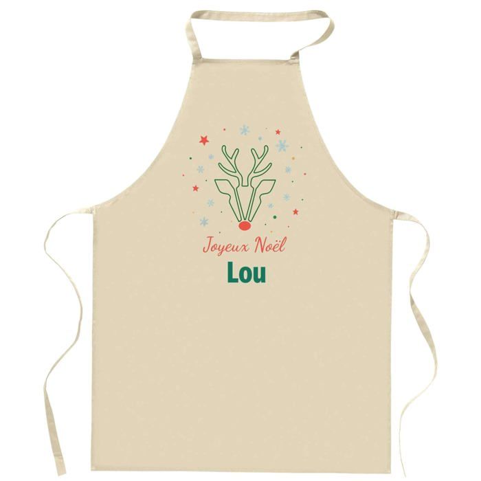 Tablier de cuisine - Joyeux Noël Lou Cerf - Coton résistant - Impression France - Liens ajustables