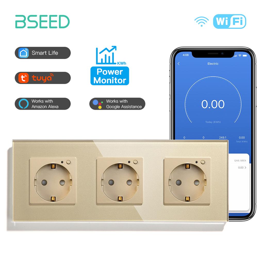 BSEED Wifi Sockets EU Wall Socket Smart Tuya Electric Sockets Power Monitor Google Smart Life Alexa Voice Control Glass Panel