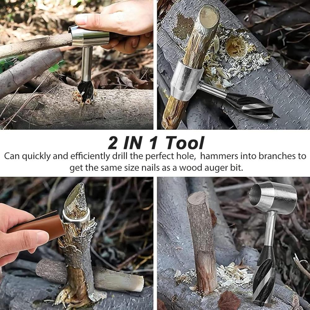 Survival Settlers Tool Bushcraft Hand Auger Wrench Scotch Eye Wood Drill Manual Drill Wrench Bushcraft Survival Tool with Leather Pouch and Hook