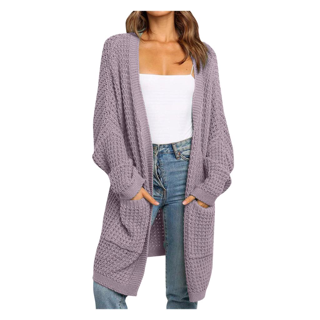 Womens Patchwork Cardigan Long Sleeve Open Front Knit Sweaters Coat Pockets