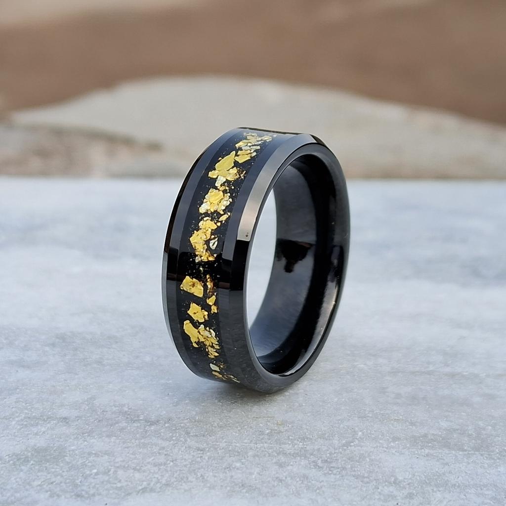 8mm Black Tungsten Ring for Men with Black & Gold Foils Inlay – Beveled Edge, Stylish Durable Wedding Band Free Custom Engraving