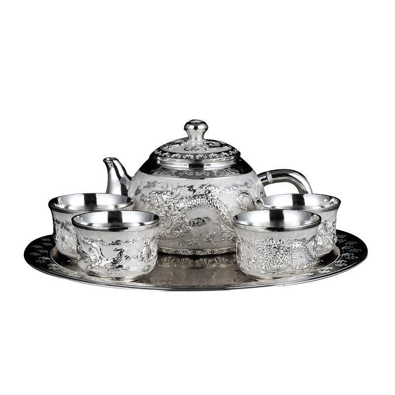 European high-end silver dragon and phoenix tea set home office creative and convenient kung fu tea set gift box packaging box