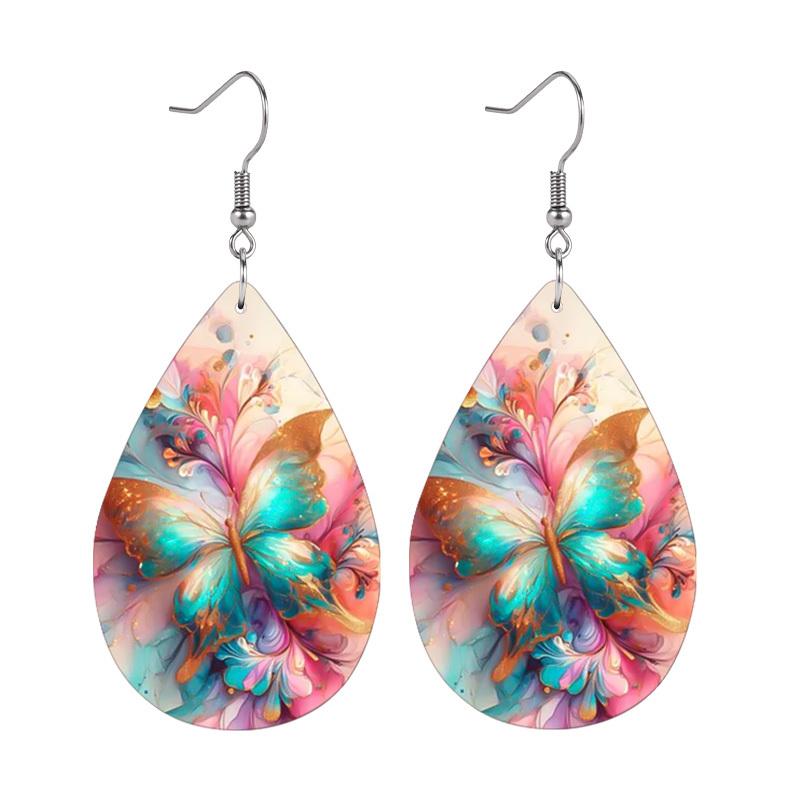 Charming Spring Summer Macaron Floral PU Earrings for Women, Versatile Vivid Butterflies Double Sided Print Waterdrop Earrings