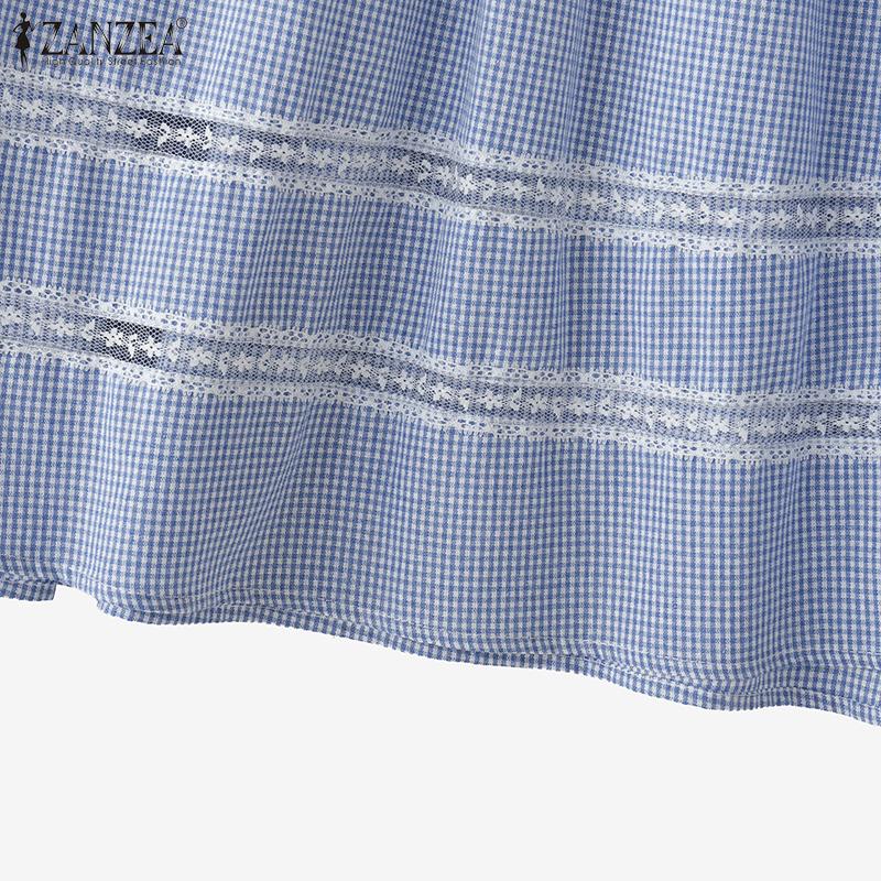 ZANZEA Женская повседневная блузка с круглым вырезом, свободного кроя, с коротким рукавом и принтом в клетку