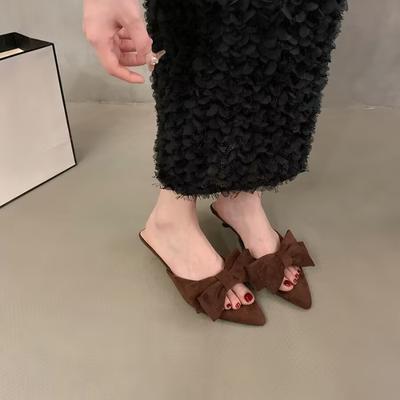 Модные замшевые туфли-лодочки и шлепанцы женские 2025 новые с бантом, темпераментные, на низком каблуке, с открытым носком, туфли-мюли на лето.