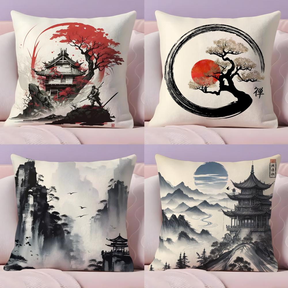 Chinese Ink Painting Style Cushion Cover Soft Short Plush DoubleSided Printing Home Decor Machine Washable Pillow Case Gift
