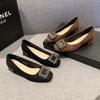 2024 Woman Square Toe Square Buckle Shoes Rhinestone Shallow Mouth  High Heel Female Shoes Elegant French Suede   Shoes