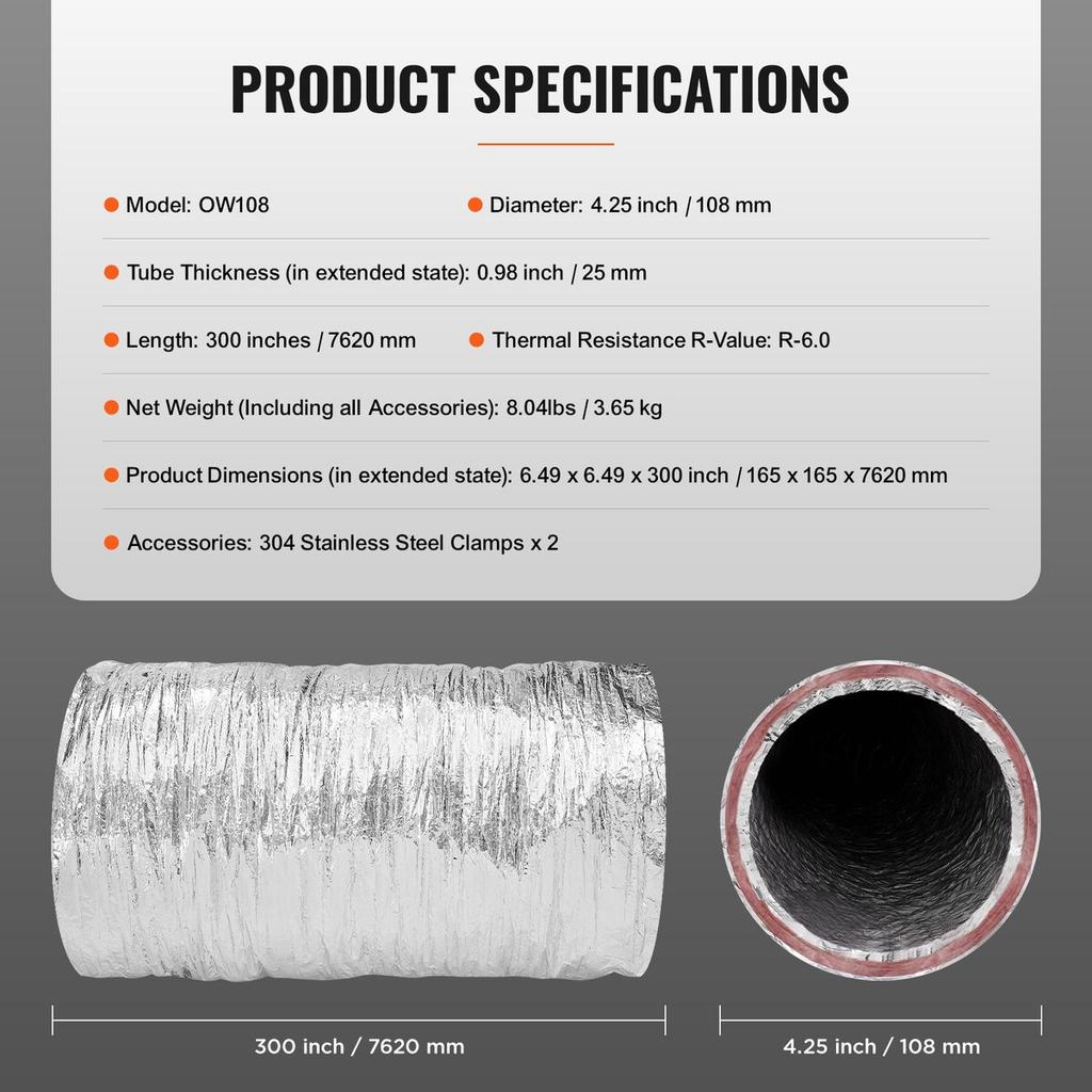 Dryer Vent Hose, 101.6MM Insulated Flexible Duct 7.62M Long with 2 Duct Clamps, Heavy-Duty Three Layer Protection for HVAC Heating Cooling Ventilation