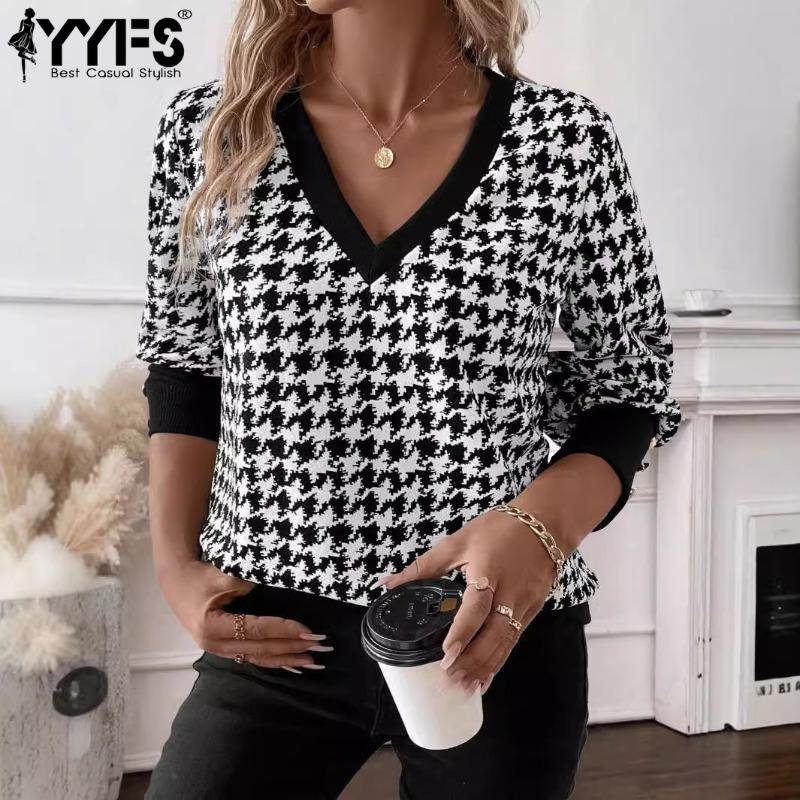YYFS Women's Fashion Casual Spring Fall Houndstooth Print Long Sleeve V-Neck Blouses & Shirts