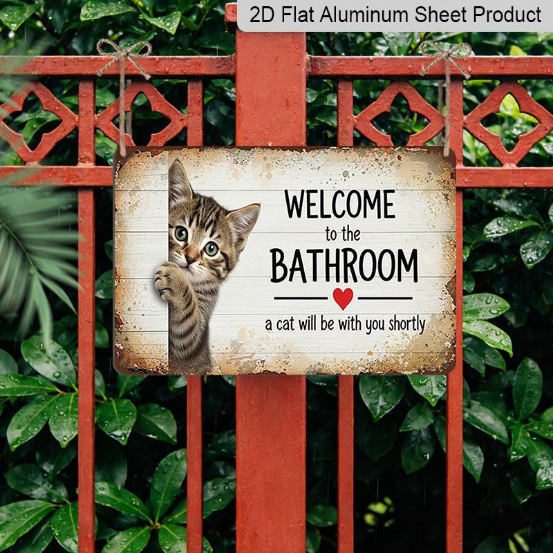 2D Flat 1pc "Welcome To The Bathroom Cat Will Be with You Soon" Wall Sign - Vintage Farmhouse Bathroom Decor with Cat-Themed Welcome Plaque