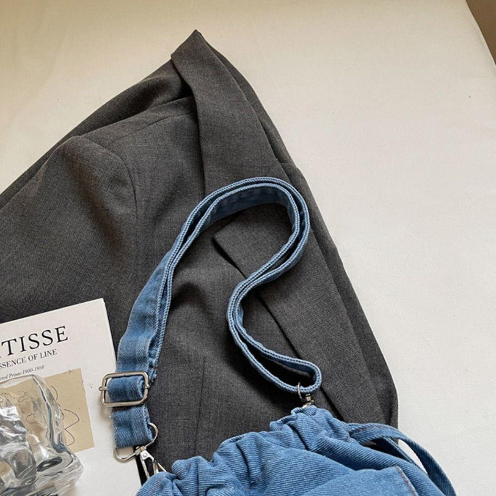 Korean Style Drawstring Bucket Bag Purse Mobile Phone Bag Sweet Retro Denim Shoulder Bag Sport