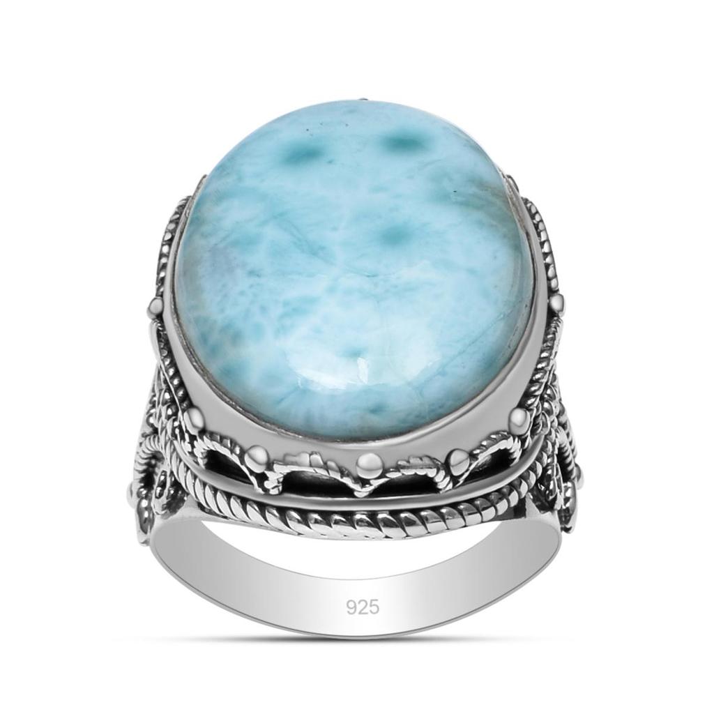 925 Sterling Silver Natural Larimar Gemstone Oval Huge Statement Rings For Unisex