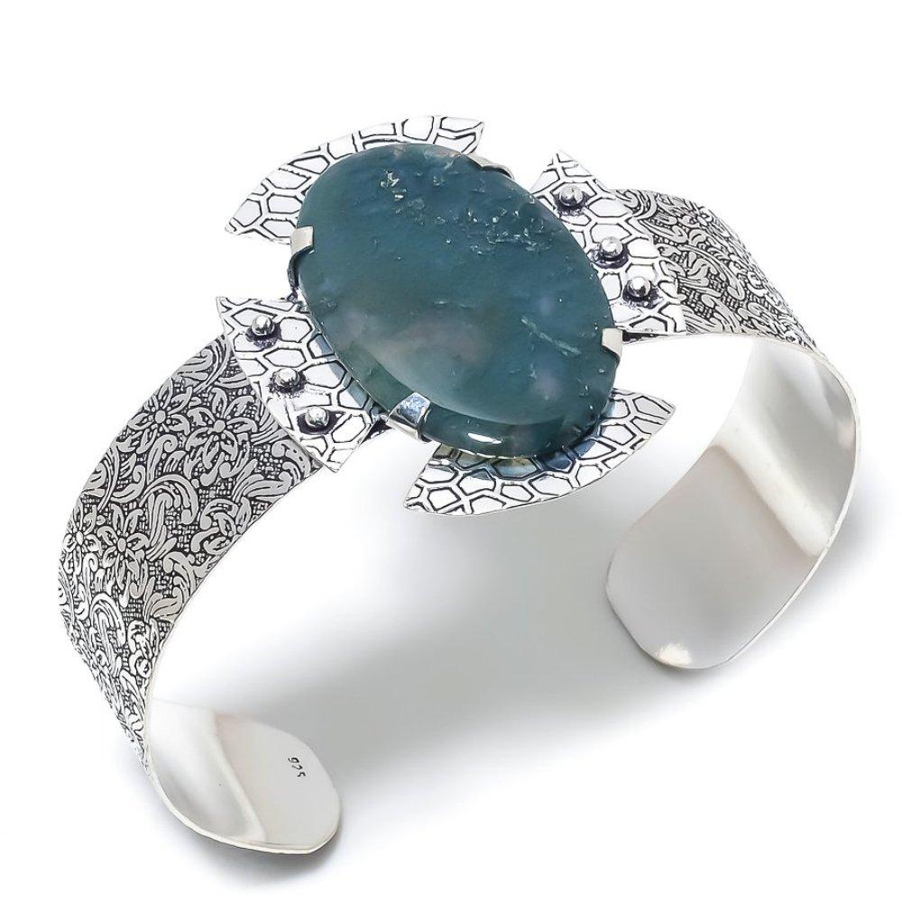 Моховой агат Ручной работы Браслет-манжета из стерлингового серебра 925 пробы Регулируемый G7G56