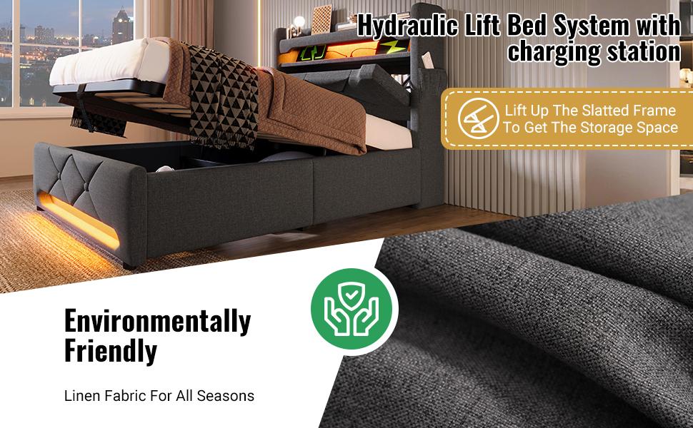 Upholstered single bed 90*200, storage headboard with USB, Type-C port, 360 LED around head and foot, hydraulic storage, gray linen (without mattress)