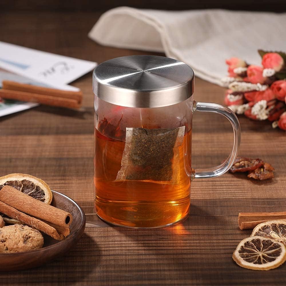 Ecooe 500ml Teacup, Strong Tea Strainer, Heat-Resistant Glass Mug with Lid, Clear Black Tea Mug, Suitable for Chinese Tea, Japanese Tea, Tea Bags,