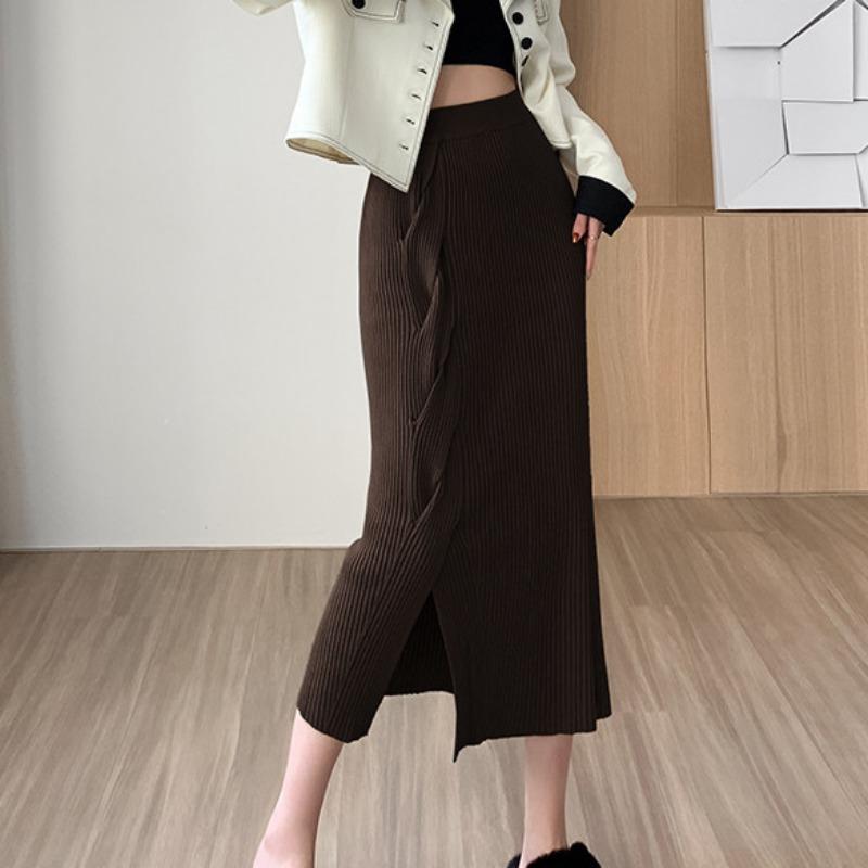 Вязаная полуюбка на бедрах с разрезом, полуюбка с запахом на бедрах для женщин, зимний дизайн, элегантная одношаговая юбка, эластичная талия, эластичная юбка средней длины