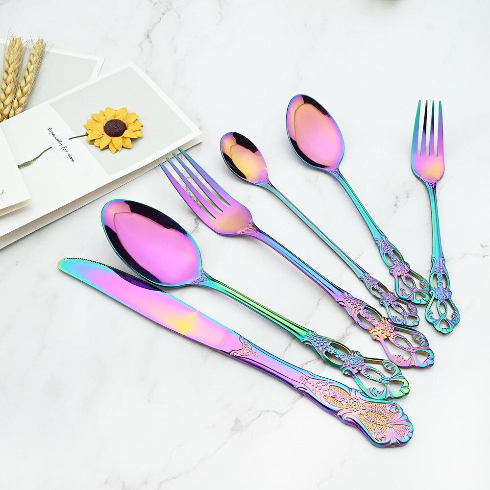Royal Cutlery Silver Stainless Steel Sets Vintage Spoons Colorful Dinnerware Forks Kitchen Tableware Dinner Western Silverware