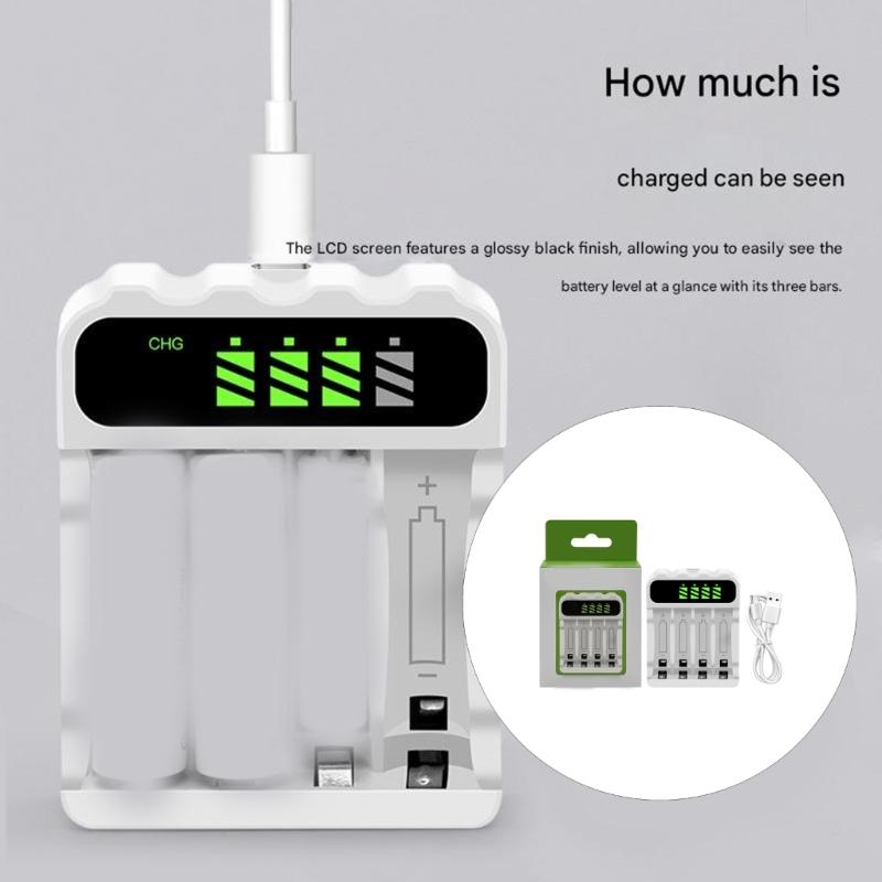 Зарядная станция с портом USB Type C для NiMH аккумуляторов, 4 слота, ЖК-экран, для перезаряжаемых аккумуляторов 2А и 3А, выход 1800 мА 900 мА