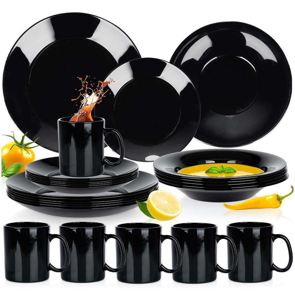 Black Glass Dinner Service Set, 24 Pieces.