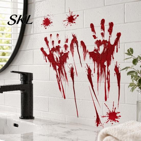 Temporary Removable Decal Halloween Blood Handprints/Footprints Wall Stickers, Decals, Spooky Waterproof Stain-proof Window Cling DIY Decoration