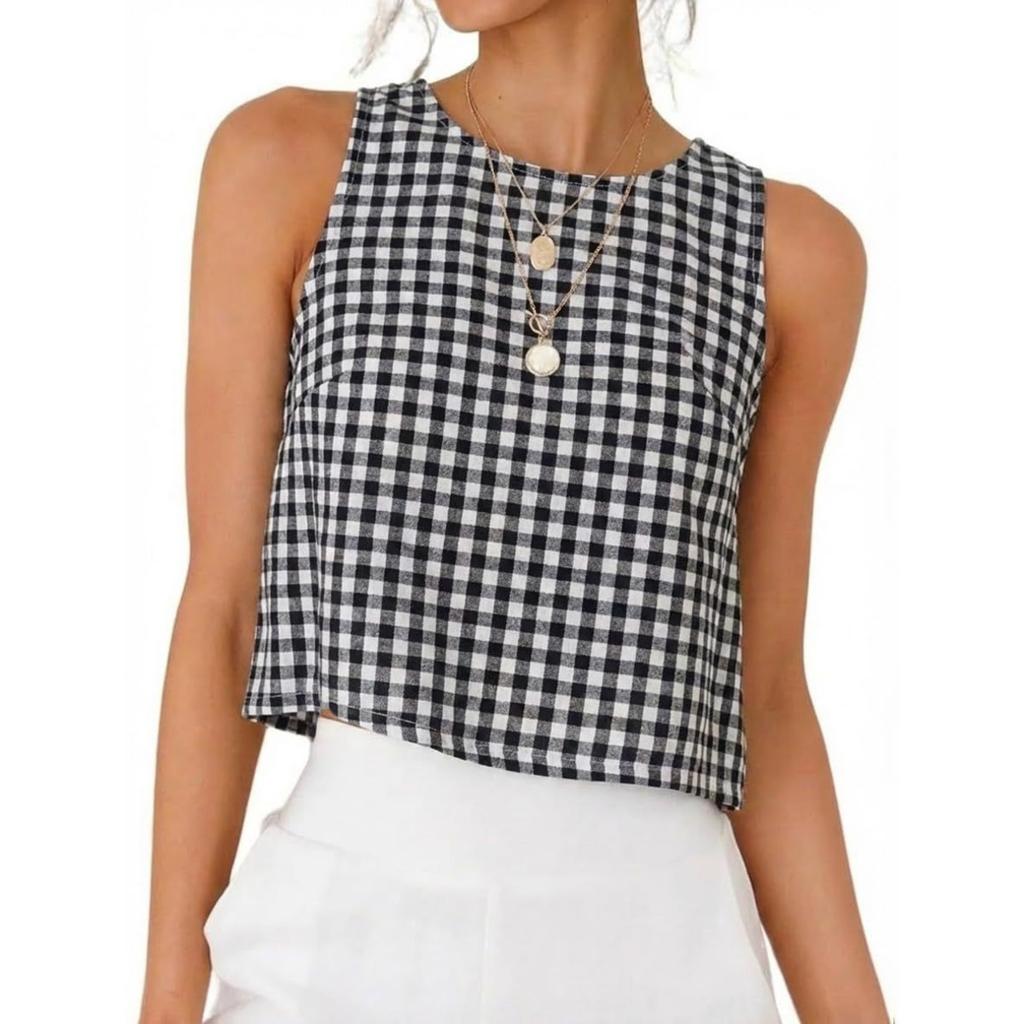 Summer New Women's Buttoned Crew Neck Sleeveless Plaid Cropped Tank Top for Leisure