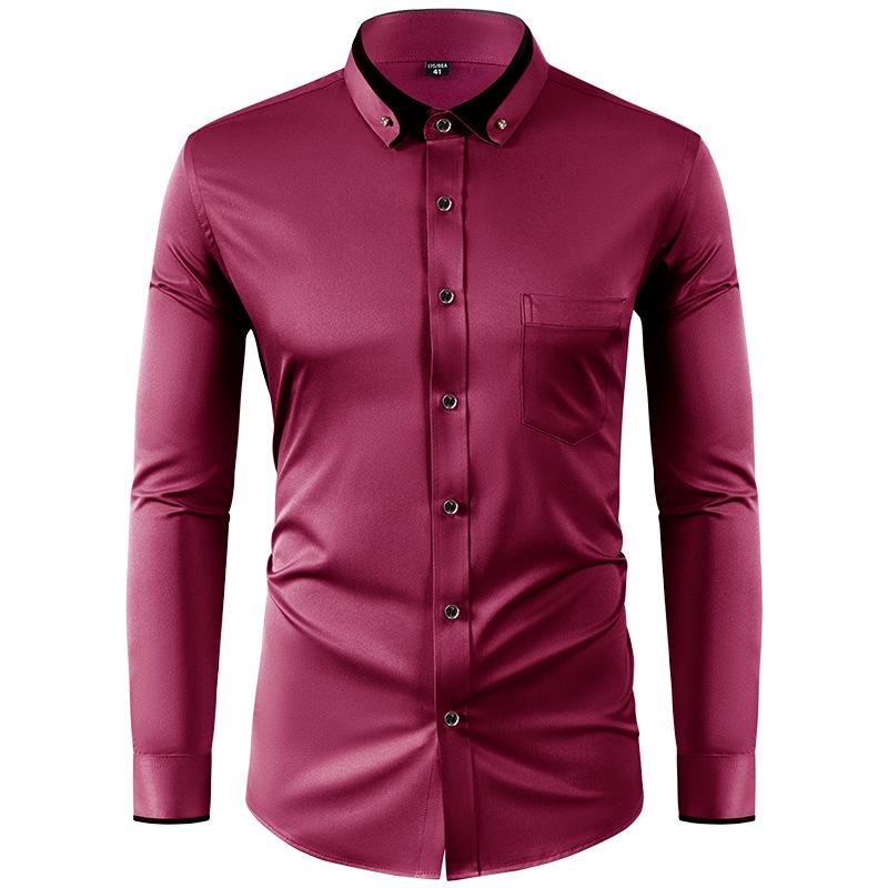 Four Sided Elastic Shirt for Men Color Blocked Diamond Button Lapel Shirt Casual No Iron Formal Wear Shirt