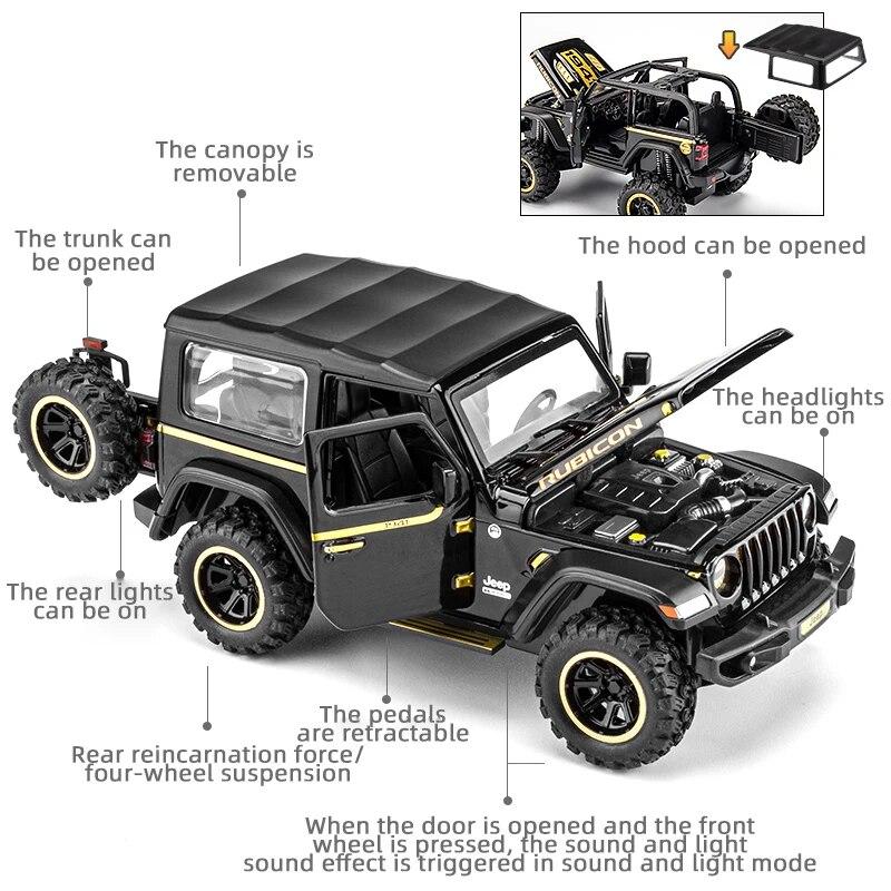 1/32 Scale Wrangler Off-Road 7 Door for Wrangler Diecast Toy Car Model, Metal Alloy Vehicle for Kids Boys Girls Adults, Doors Open, Light