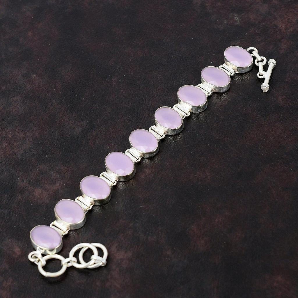 Граненый браслет из розового халцедона Браслет из настоящего драгоценного камня Браслет из стерлингового серебра 925 пробы Регулируемый браслет-цепочка Ювелирные изделия ручной работы Подарок для нее