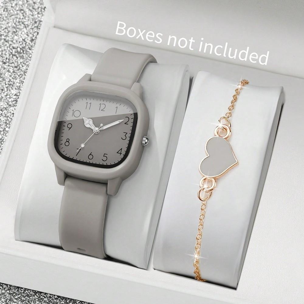 2PCS/Set Square Dial Women Watch Silicone Strap Arabic Dial Watch Women Quartz Watch Casual Wear