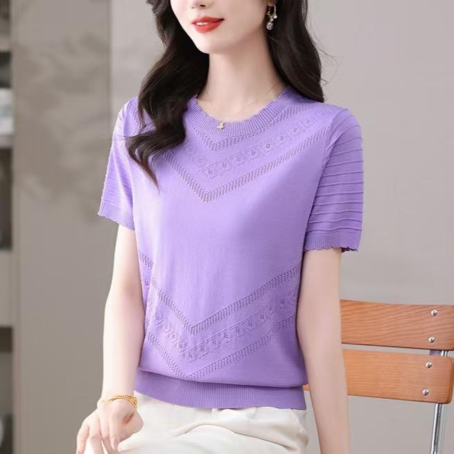 Летняя женская трикотажная футболка с круглым вырезом и ажурными вставками из ледяного шелка, с короткими рукавами, свободный топ